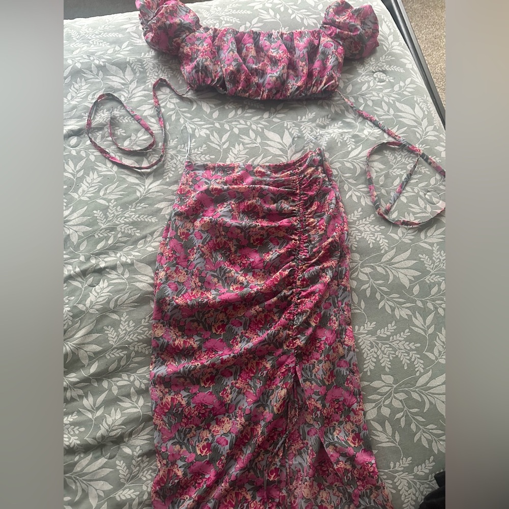 Lena Floral Pink Ruched midi Skirt and crop top set